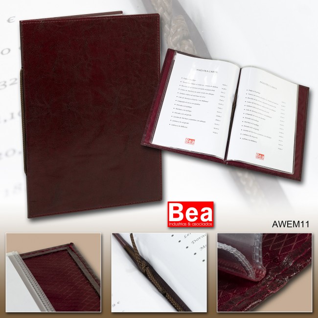 Esta carta para restaurantes podrÃ¡ ser producida en diversos combinados de color (mismo que cambie la materia prima/calidad de producto) a partir de la cantidad de 25 unidades. El portamenu podrÃ¡ ser personalizado con termograbado (plancha de calor), co